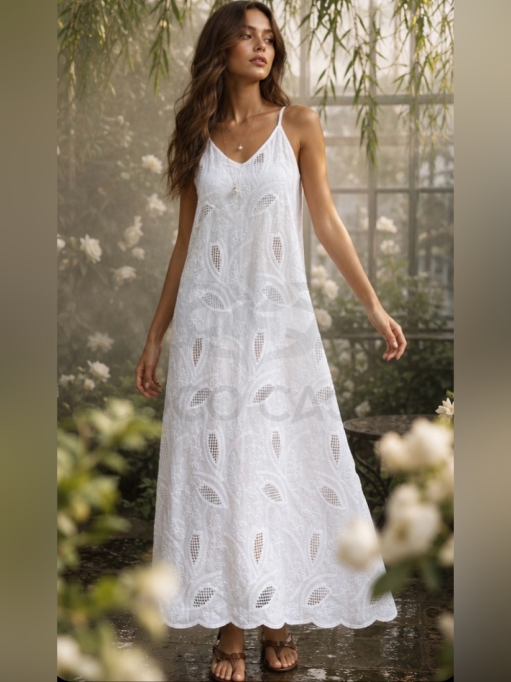 Casual White Bohemian Embroidered Cami Eyelet Lace Midi Slip Dress